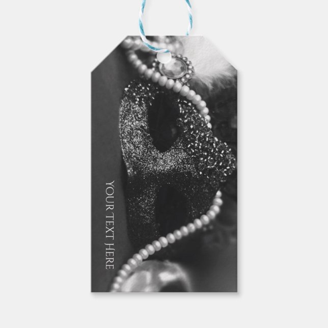 Svartvit maskeringsmask och pärlmaskor Party Presentetikett (Framsidan)