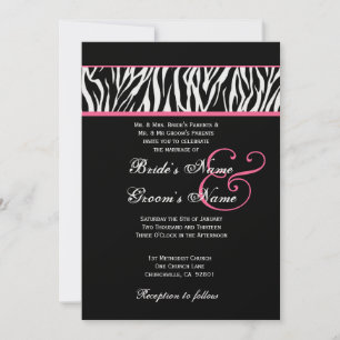 Svartvit med Rosa Zebra Bröllop Metallic Papper Inbjudningar