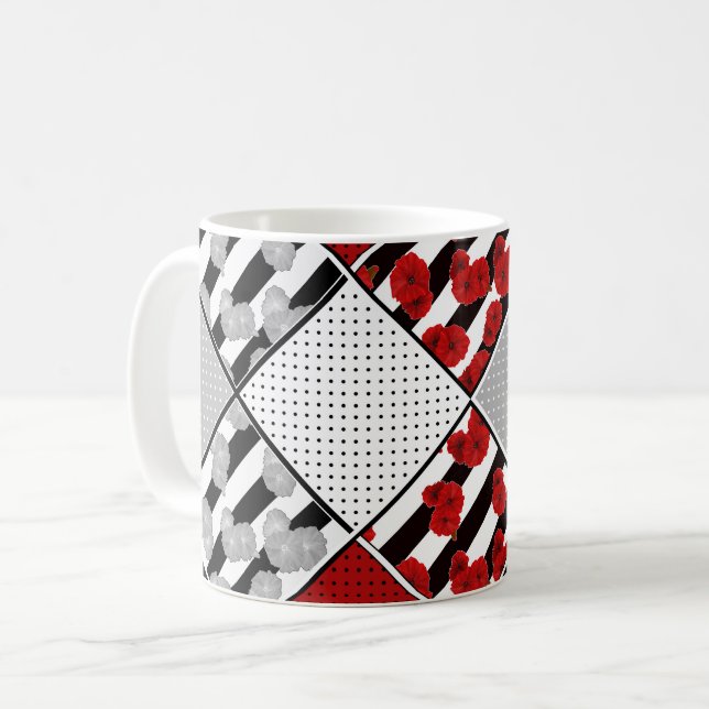 Svartvit med rött reflexlappverk kaffemugg (Framsida vänster)