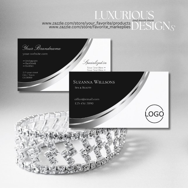 Svartvit med Silver-dekan och Logotyp Modern Visitkort (Skapare uppladdad)