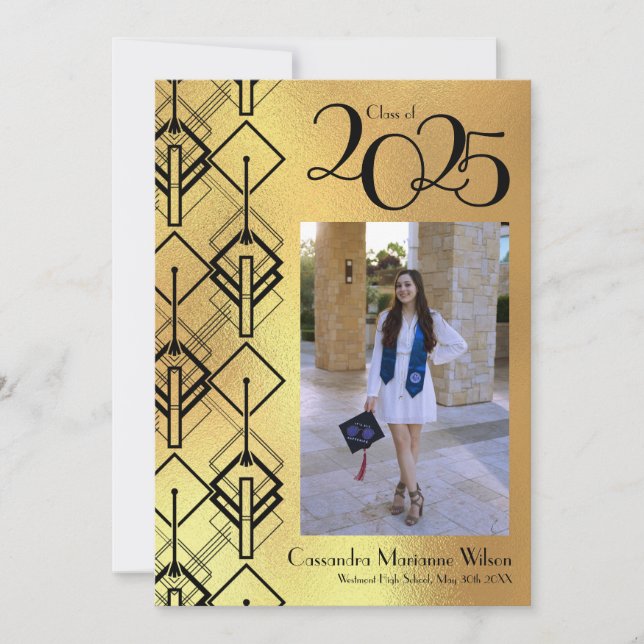 Svartvit meddelande om Studenten Guld Art Deco Bla Inbjudningar (Framsida)