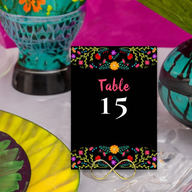 Svartvit, mexikansk Blommigt Bordsnummer (Quinceanera table number with colorful mexican fiesta flowers on black - printed both sides)