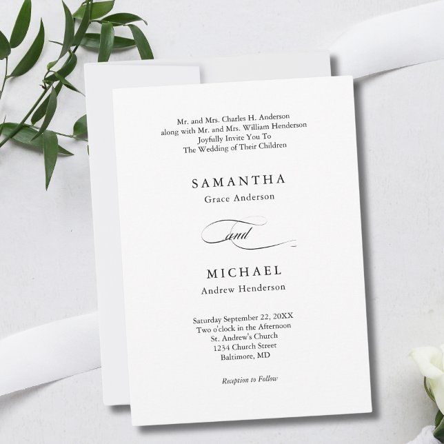Svartvit minimalistisk båda föräldrarna Namn Bröll Inbjudningar (Black White Minimalist Calligraphy Modern Wedding invitation. )