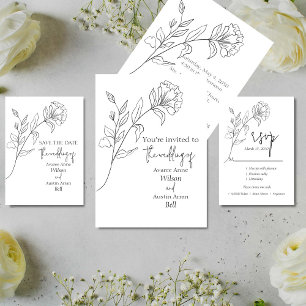 Svartvit minimalistisk Blommigt Bröllop Inbjudningar