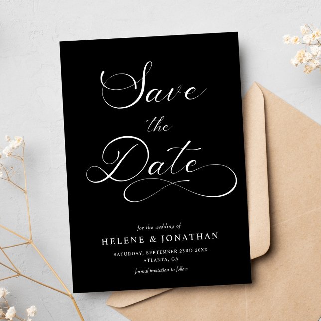 Svartvit minimalistisk Elegant bröllop Spara Datumet (Black White Minimalist Elegant Wedding Save The Date)