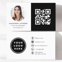 Svartvit, minimalistisk fotopod, QR-kod, Social-me Visitkort