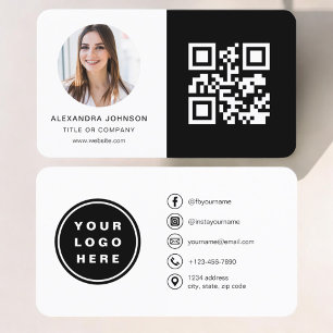 Svartvit, minimalistisk fotopod, QR-kod, Social-me Visitkort
