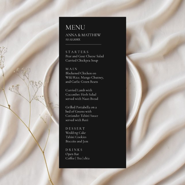 Svartvit, minimalistisk modern, enkel Bröllop Meny (sleek all black and white simple modern wedding menu)