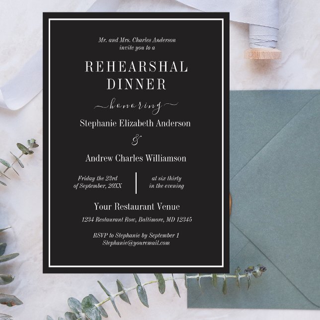 Svartvit minimalistisk modern repetitionsmiddag inbjudningar (Black White Minimalist Modern Elegant Wedding Rehearsal Dinner Invitation)
