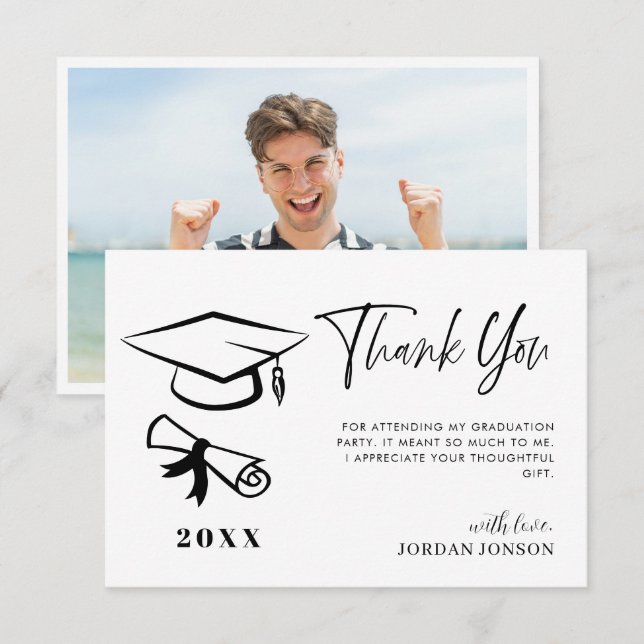 Svartvit, minimalistisk modern Studenten-foto Tack Kort (Fram/baksida)