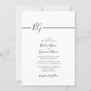 Svartvit, minimalistisk Monogram Bröllop Inbjudningar