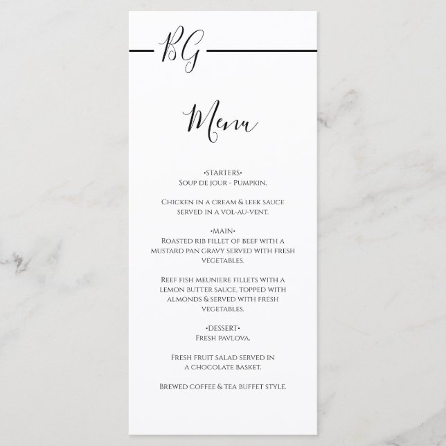 Svartvit, minimalistisk Monogram Bröllop Meny (Framsida)