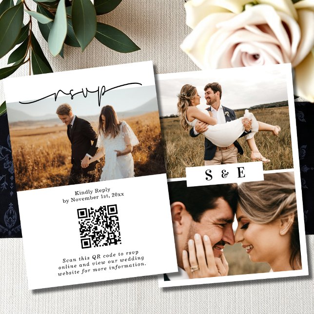 Svartvit, minimalistisk QR-kod Foto Bröllop OSA Kort (Skapare uppladdad)