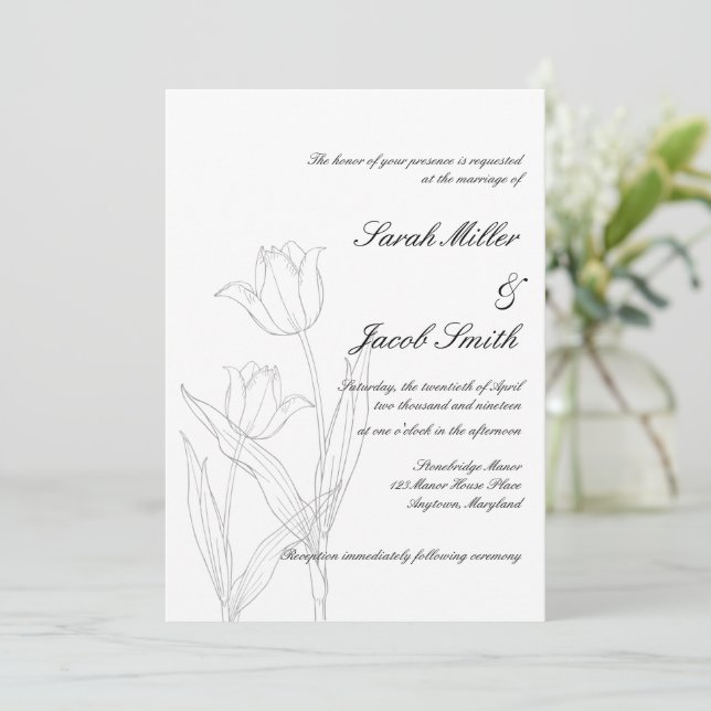 Svartvit minimalistisk Tulip Bröllop Inbjudningar (Stående Fram)