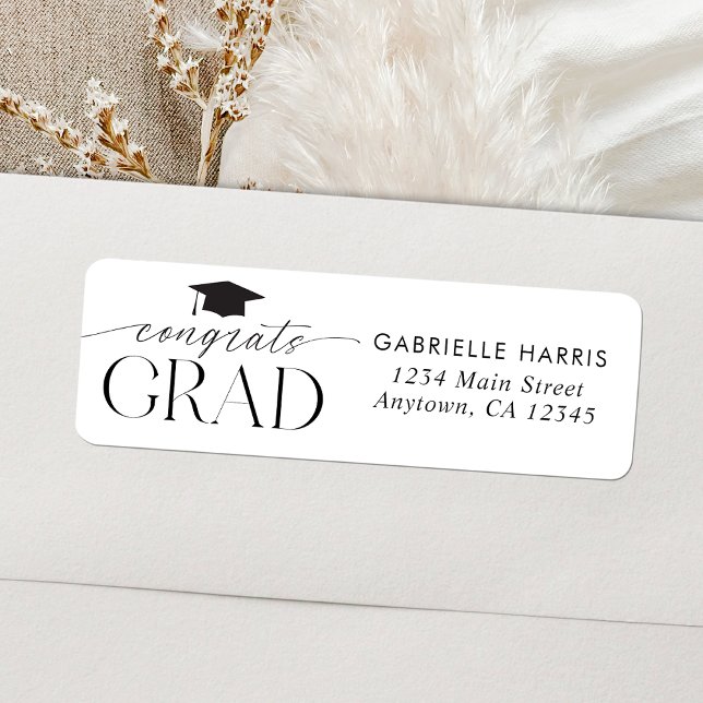Svartvit, minimalistiskt skript Studenten Returadress Etikett (Black and White Minimalist Script | Graduation Return Address Label)