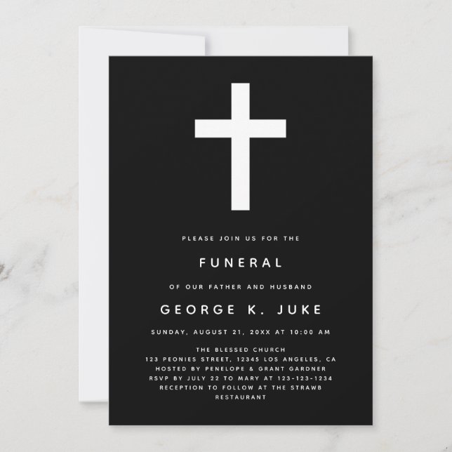 Svartvit, modern begravningsannonsering inbjudningar (Framsida)