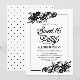 Svartvit, modern Blommigt, dekorfärg, Sweet sixtee Inbjudningar