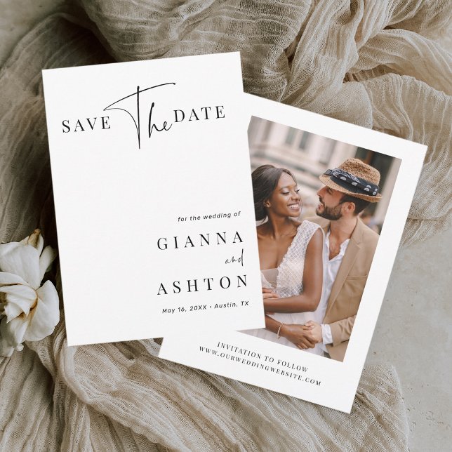 Svartvit Modern Calligraphy Bröllop Photo Spara Datumet (Skapare uppladdad)