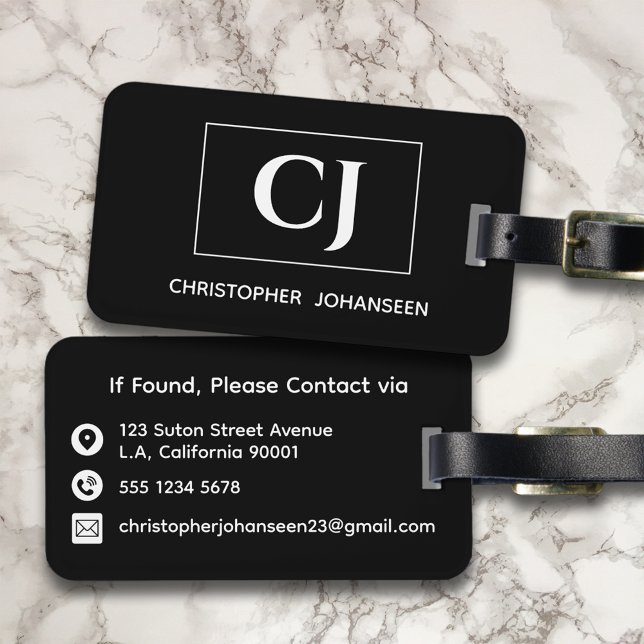 Svartvit modern enkel, enkel, monogrammad bagagebricka (Skapare uppladdad)