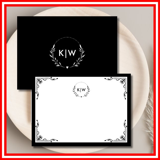 Svartvit | Modern Initialer Monogram Anteckningskort (Black and White | Modern Initials Monogram Note Card)