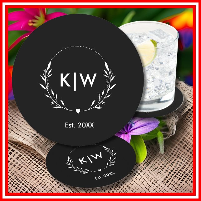 Svartvit | Modern Initialer Monogram Underlägg Papper Rund (Black and White | Modern Initials Monogram Round Paper Coaster)