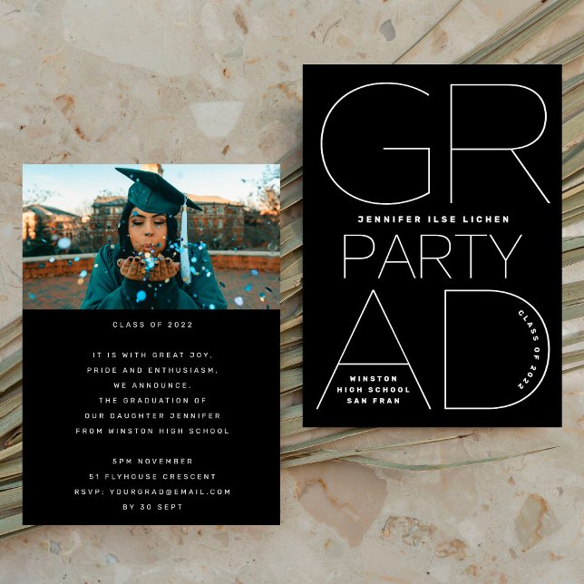 Svartvit, modern, minimal högskolelag Grad Party Inbjudningar (Skapare uppladdad)
