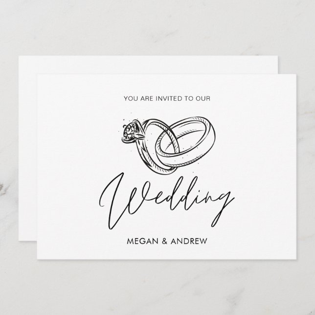 Svartvit Modern minimalist bröllop ring Inbjudningar (Fram/baksida)