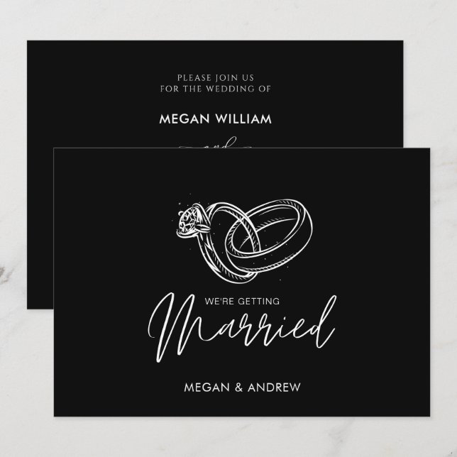 Svartvit Modern minimalist bröllop ring Inbjudningar (Fram/baksida)