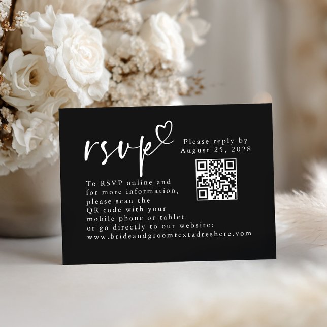 Svartvit, modern, minimalistisk Bröllop QR-OSA Tilläggskort (Black Minimalist QR Code RSVP Cards)