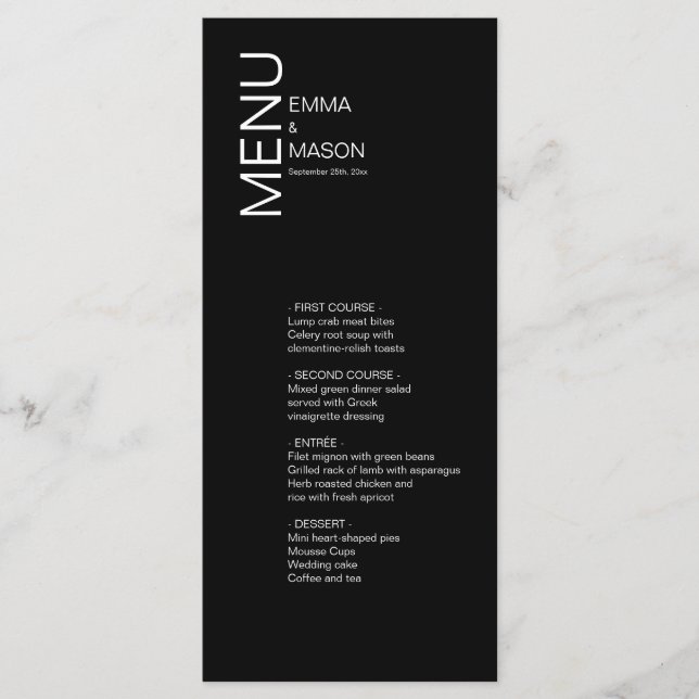 Svartvit modern, minimalistisk meny (Framsida)