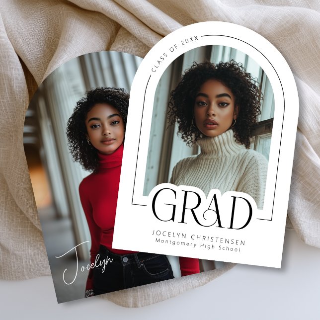 Svartvit, modern, minimalt grad-fotomeddelande inbjudningar (Front + Back)