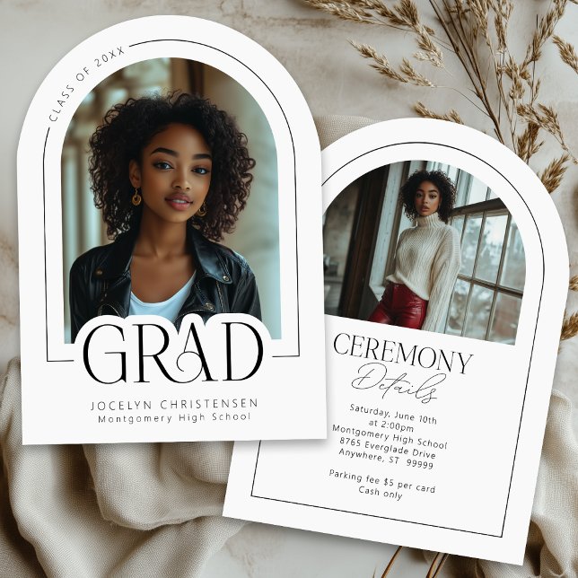 Svartvit, modern, minimalt grad-fotomeddelande inbjudningar (Front + Back | Announcement and Invitation combined)