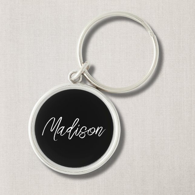 Svartvit modern, modern, Minmalistisk nyckelkedja Rund Silverfärgad Nyckelring (Script Custom Name,  in Black and White Simple Design)