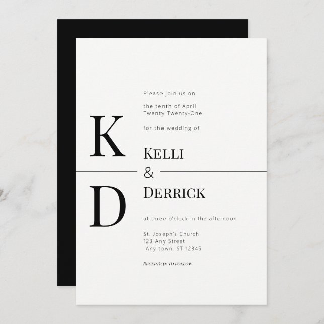 Svartvit, modern Monogram Bröllop Inbjudningar (Fram/baksida)