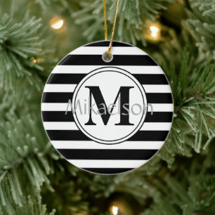 Svartvit Modern Rand Monogram Julgransprydnad Keramik