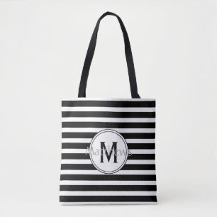 Svartvit modern Rand Monogram Tote Bag Tygkasse