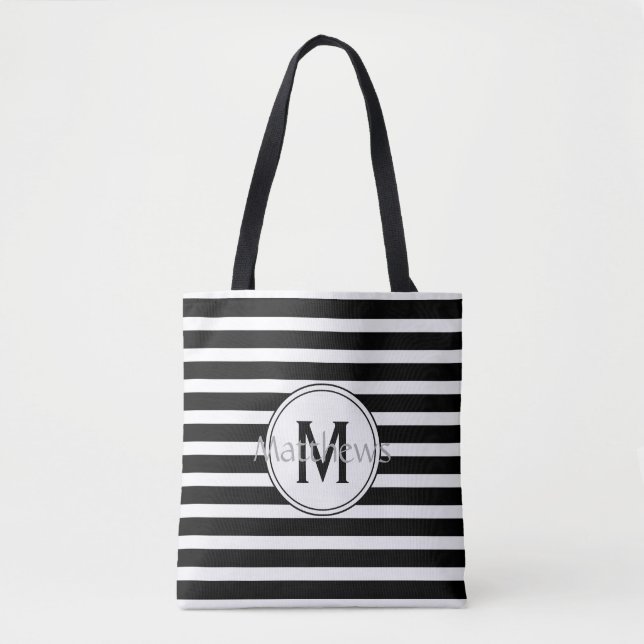 Svartvit modern Rand Monogram Tote Bag Tygkasse (Framsida)