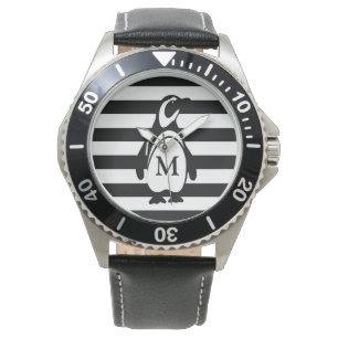Svartvit modern randMonogram för pingvin Armbandsur