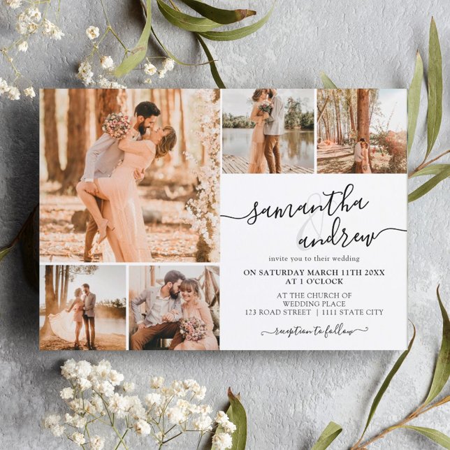 Svartvit, modernt skript 6 foton bröllop inbjudningar (Skapare uppladdad)