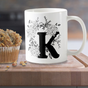 Svartvit monogram-Blommigt Kaffemugg
