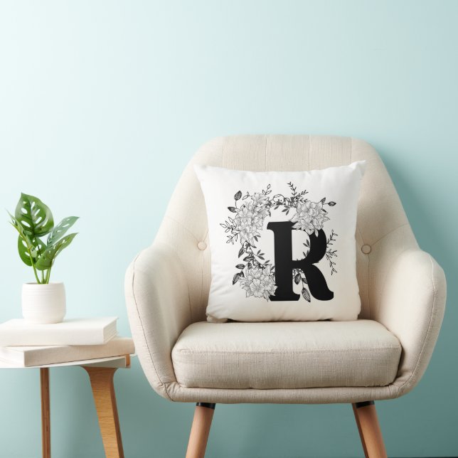Svartvit monogram Blommigt Pillow Kudde (Stol)