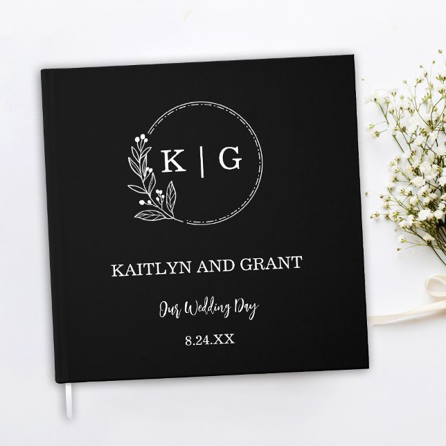 Svartvit Monogram Bröllop Guestbook Gästböcker (Black and white minimal simple modern wedding guestbook with floral monogram)