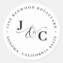 Svartvit Monogram Bröllop Returadress Runt Klistermärke