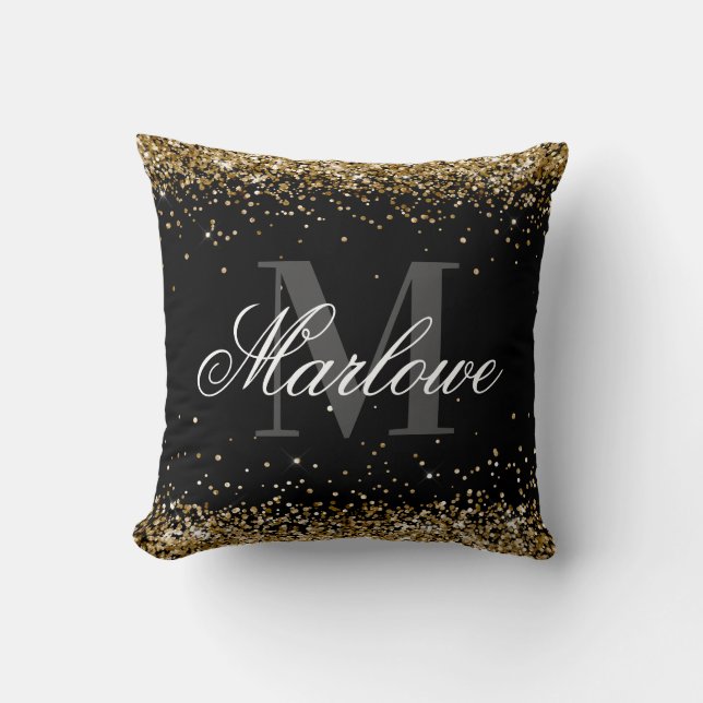 Svartvit Monogram för elegant Glitter Kudde (Framsida)