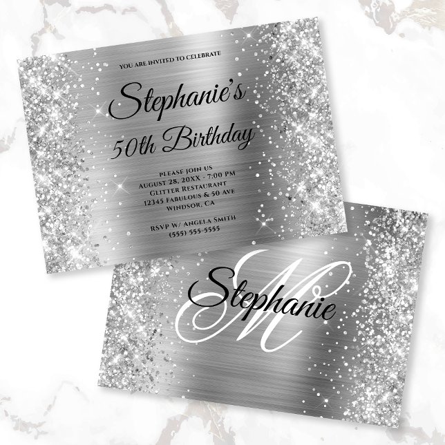 Svartvit monogram för olja från silver Glitter Inbjudningar (Skapare uppladdad)