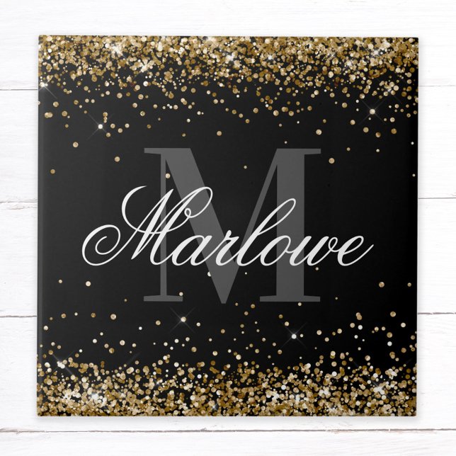 Svartvit Monogram för snyggt Glitter Kakelplatta (Skapare uppladdad)