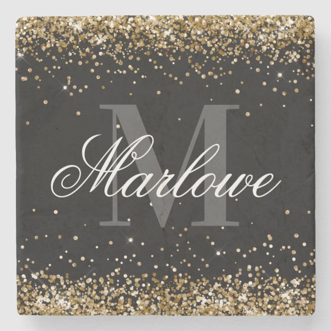 Svartvit Monogram för snyggt Glitter Stenunderlägg (Framsidan)