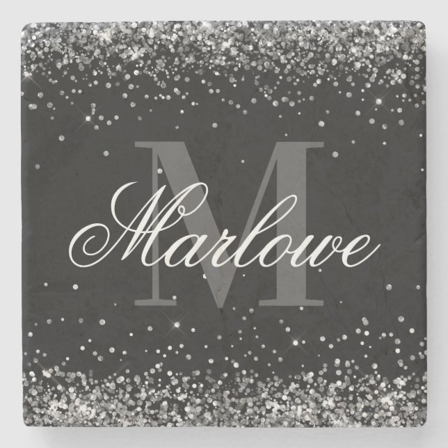 Svartvit Monogram för snyggt Glitter Stenunderlägg (Framsidan)