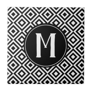 Svartvit monogram Geometric Diamond Mönster Kakelplatta