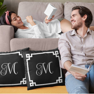 Svartvit Monogram Grekiska Nyckel Gräns Kudde